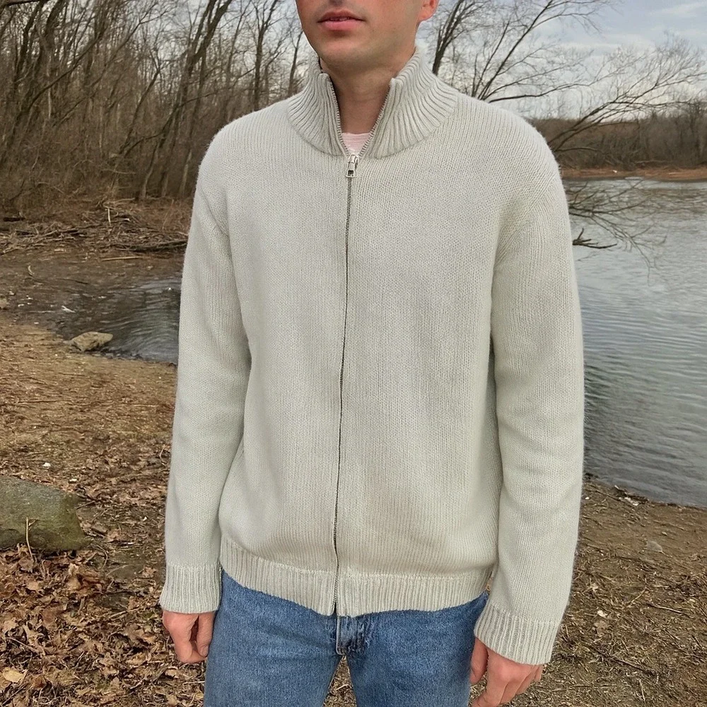 Vintage J Crew Full Zip Knit Sweater‎ Mens Medium Light Gray Preppy Fisherman